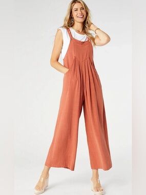 Pretty Garden|Rust burnt orange linen wide leg jumpsuit overalls•••Boho summer
